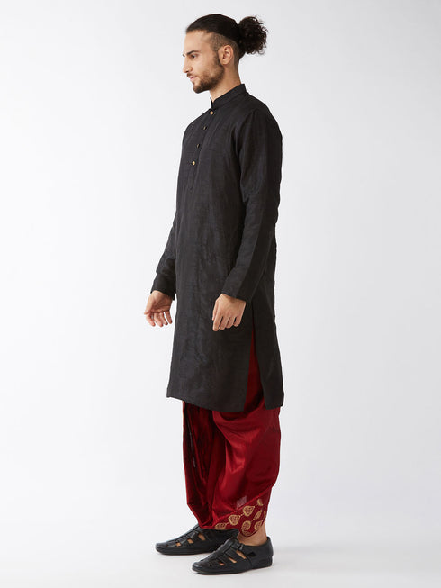 Vastramay Men's Black And Maroon Silk Blend Kurta And Dhoti Set